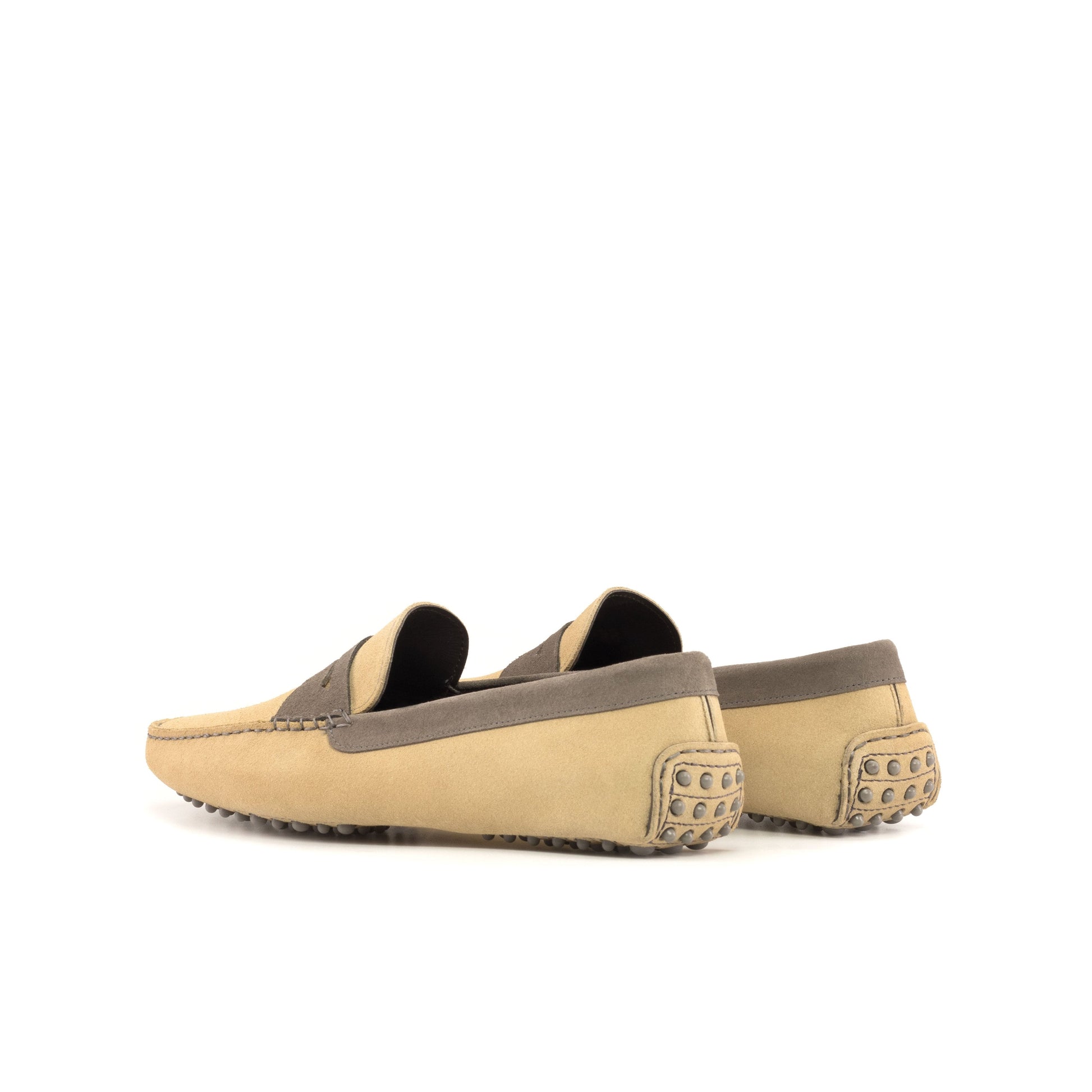 Driver Mask in Camel Calf Suede and Grey Calf Suede, rear three-quarter view