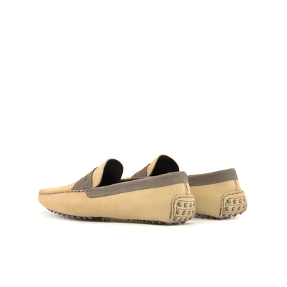 Driver Mask in Camel Calf Suede and Grey Calf Suede, rear three-quarter view