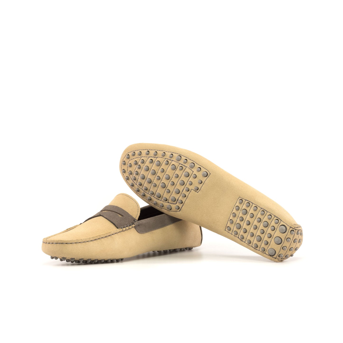 Driver Mask in Camel Calf Suede and Grey Calf Suede, grey rubber pebble sole