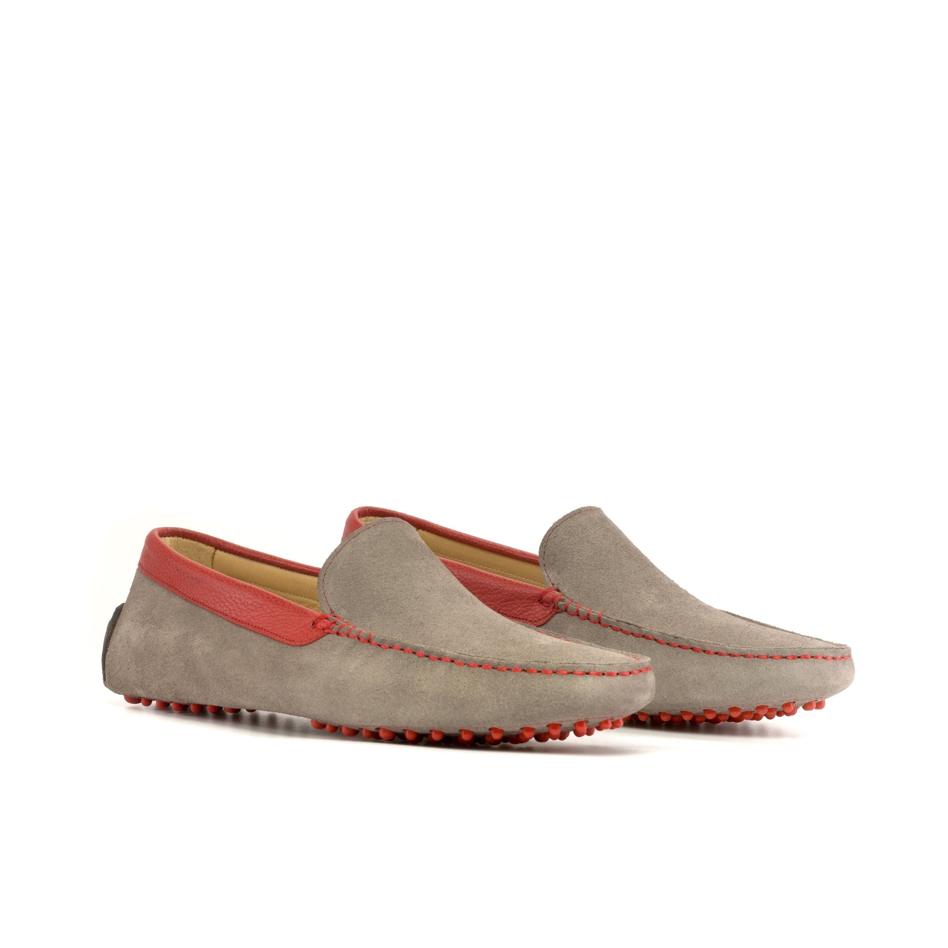 Driver in Grey Calf Suede and Red Full-Grain Box Calf, front three-quarter view