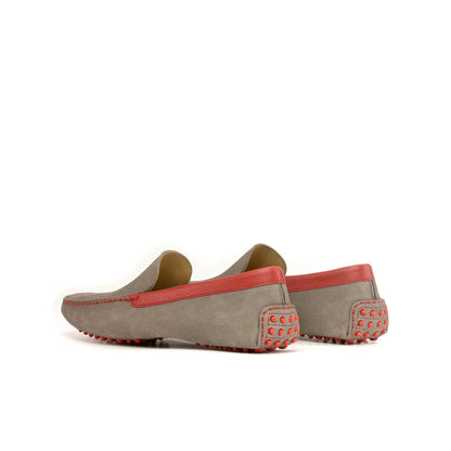 Driver in Grey Calf Suede and Red Full-Grain Box Calf, rear three-quarter view