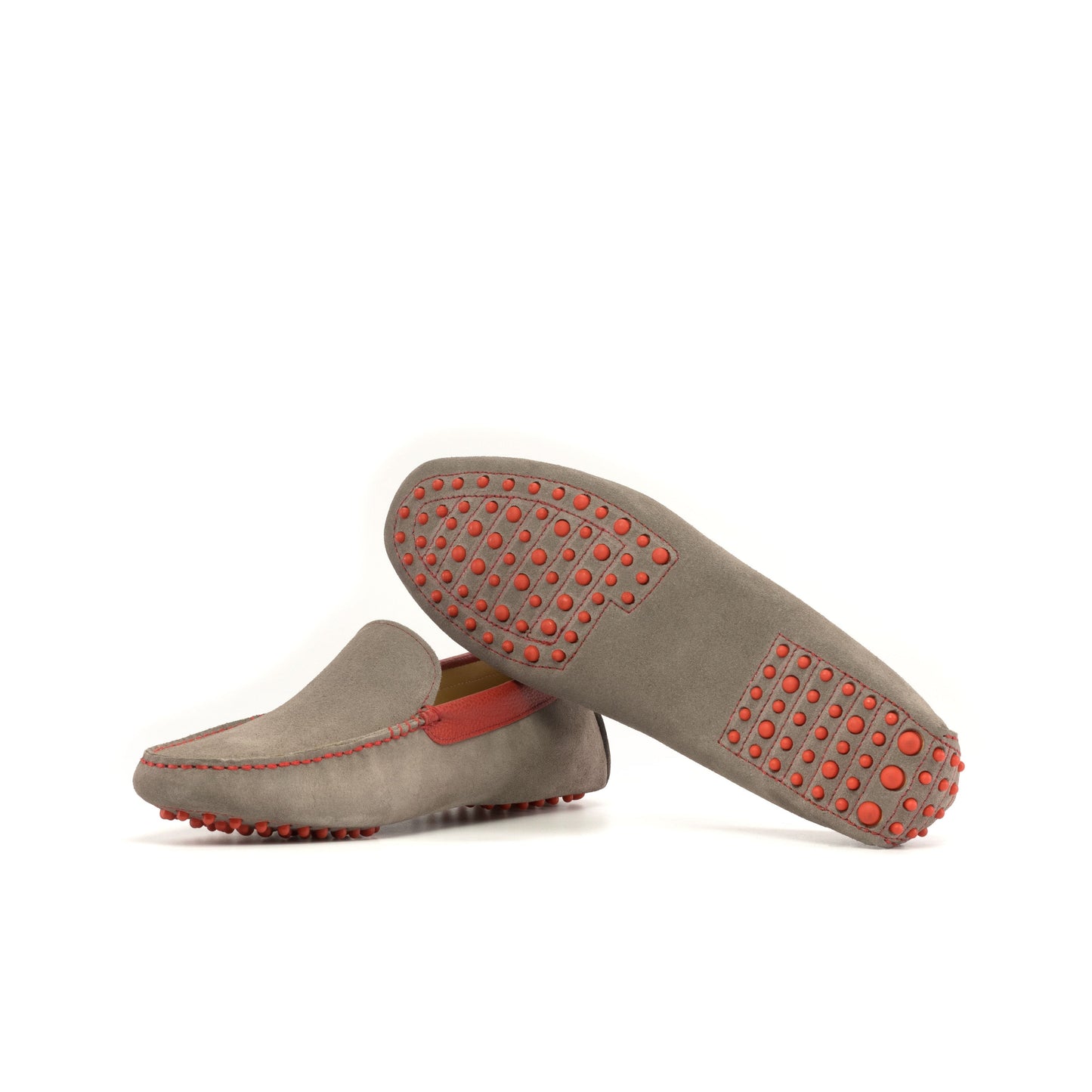 Driver in Grey Calf Suede and Red Full-Grain Box Calf, red rubber pebble sole