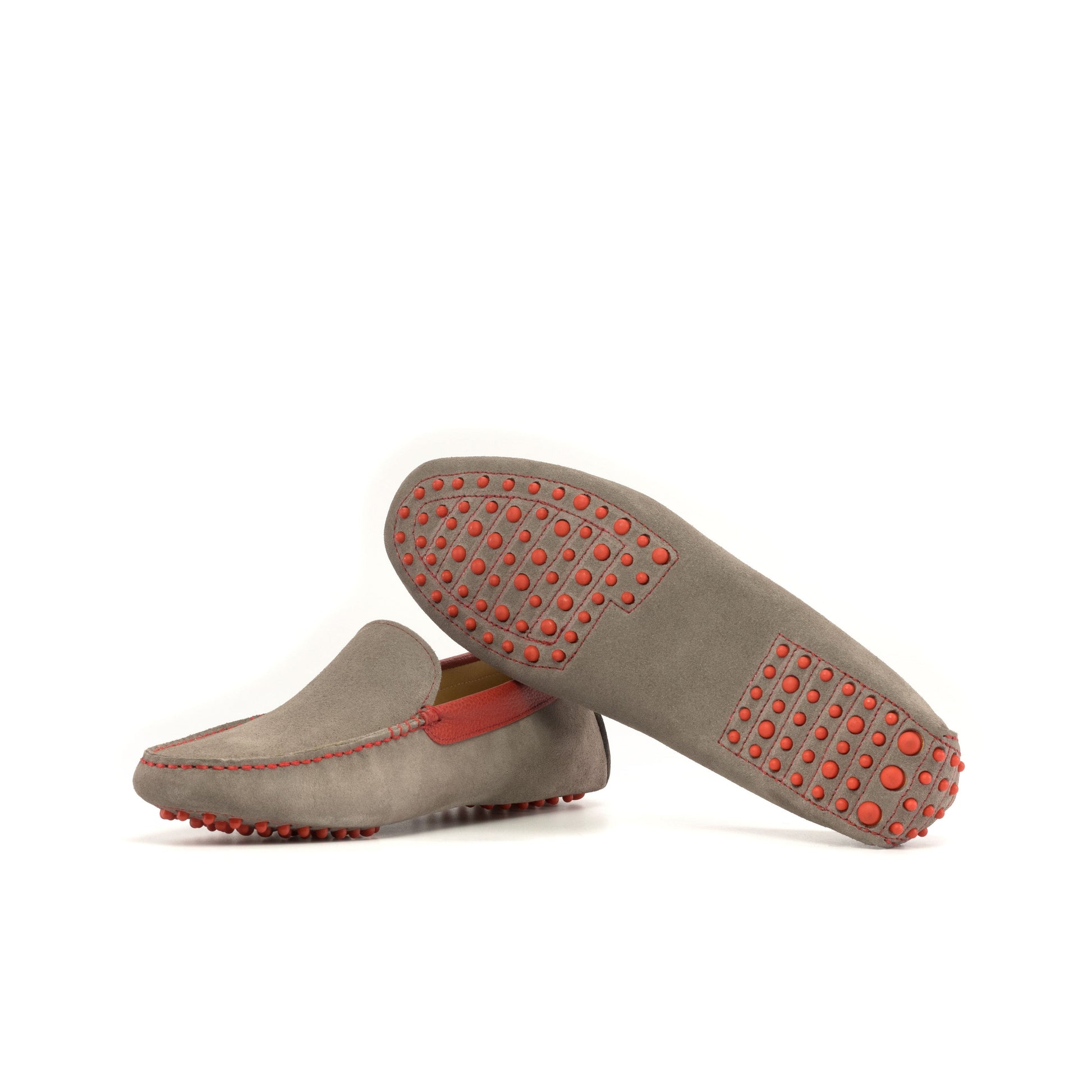 Driver in Grey Calf Suede and Red Full-Grain Box Calf, red rubber pebble sole