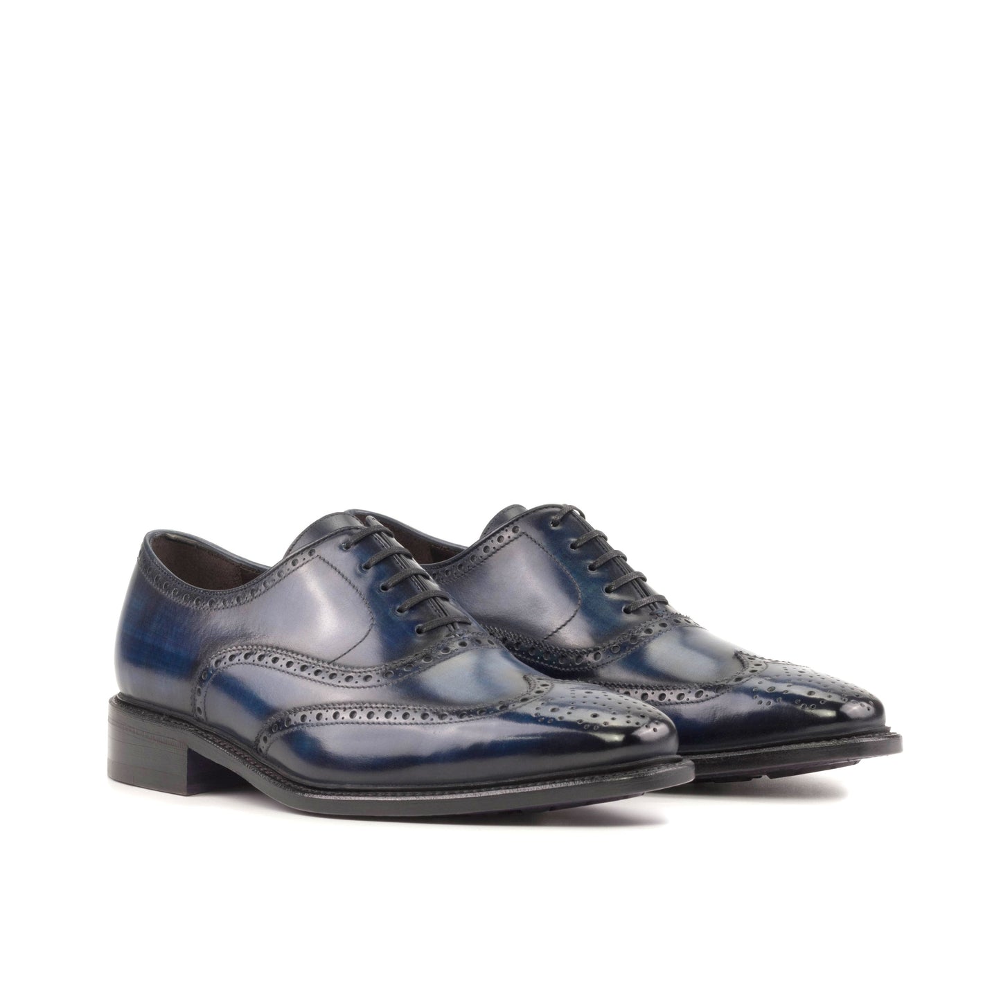 Wingtip Oxford in Denim Patina Box Calf, front three-quarter view