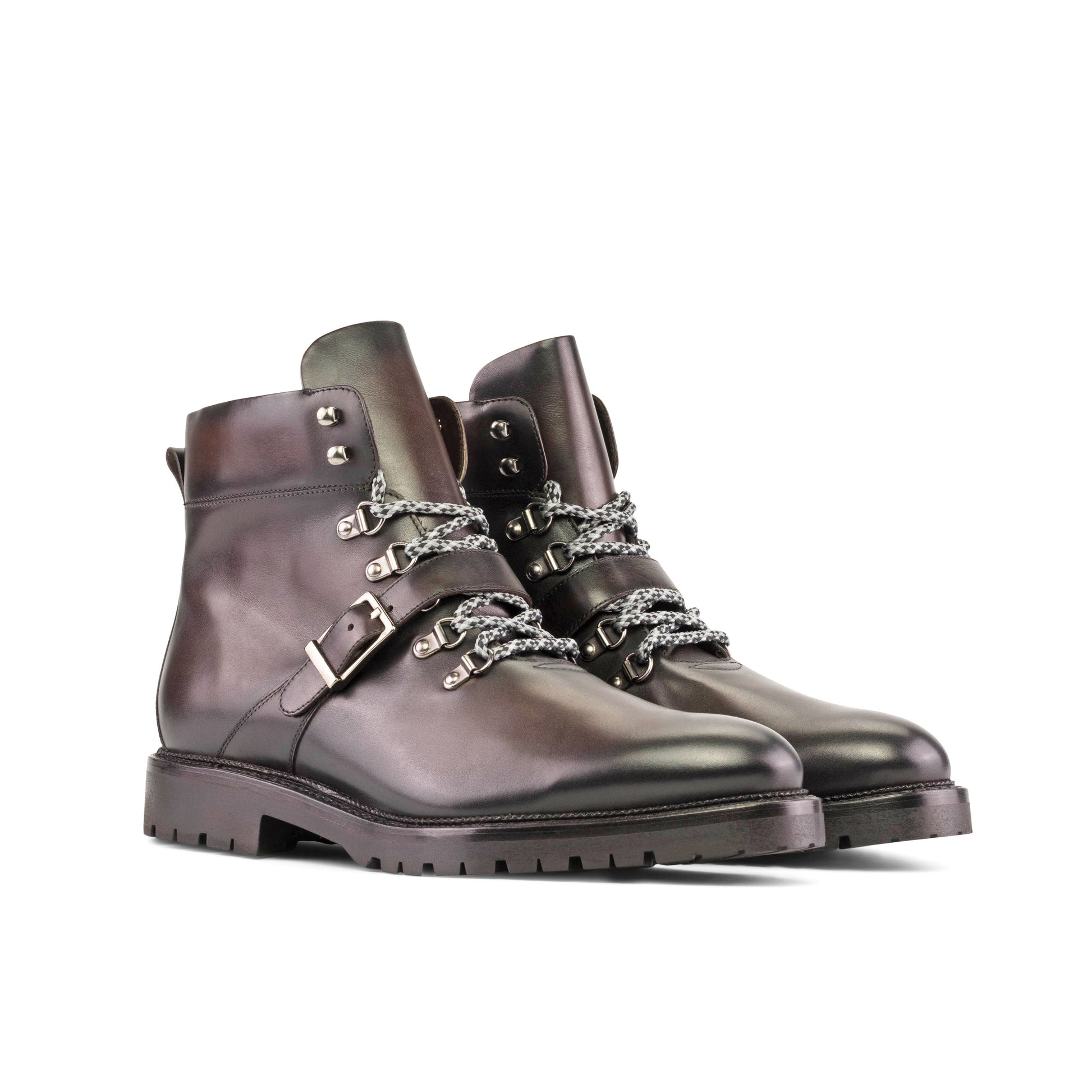 Hiking Boot in Burnished Dark Brown Box Calf, front three-quarter view