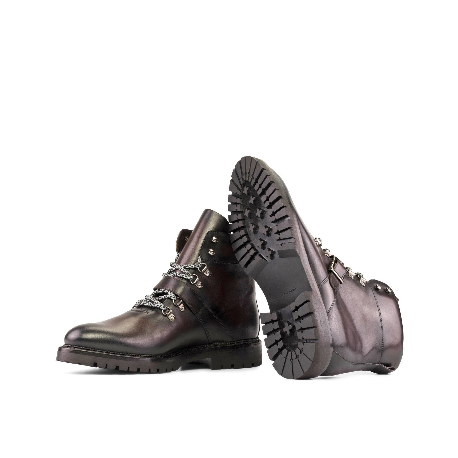 Hiking Boot in Burnished Dark Brown Box Calf showing black commando rubber sole
