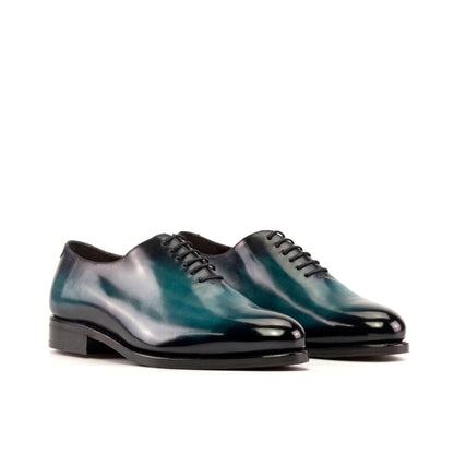 Wholecut Oxford in Turquoise Patina Box Calf, front three-quarter view