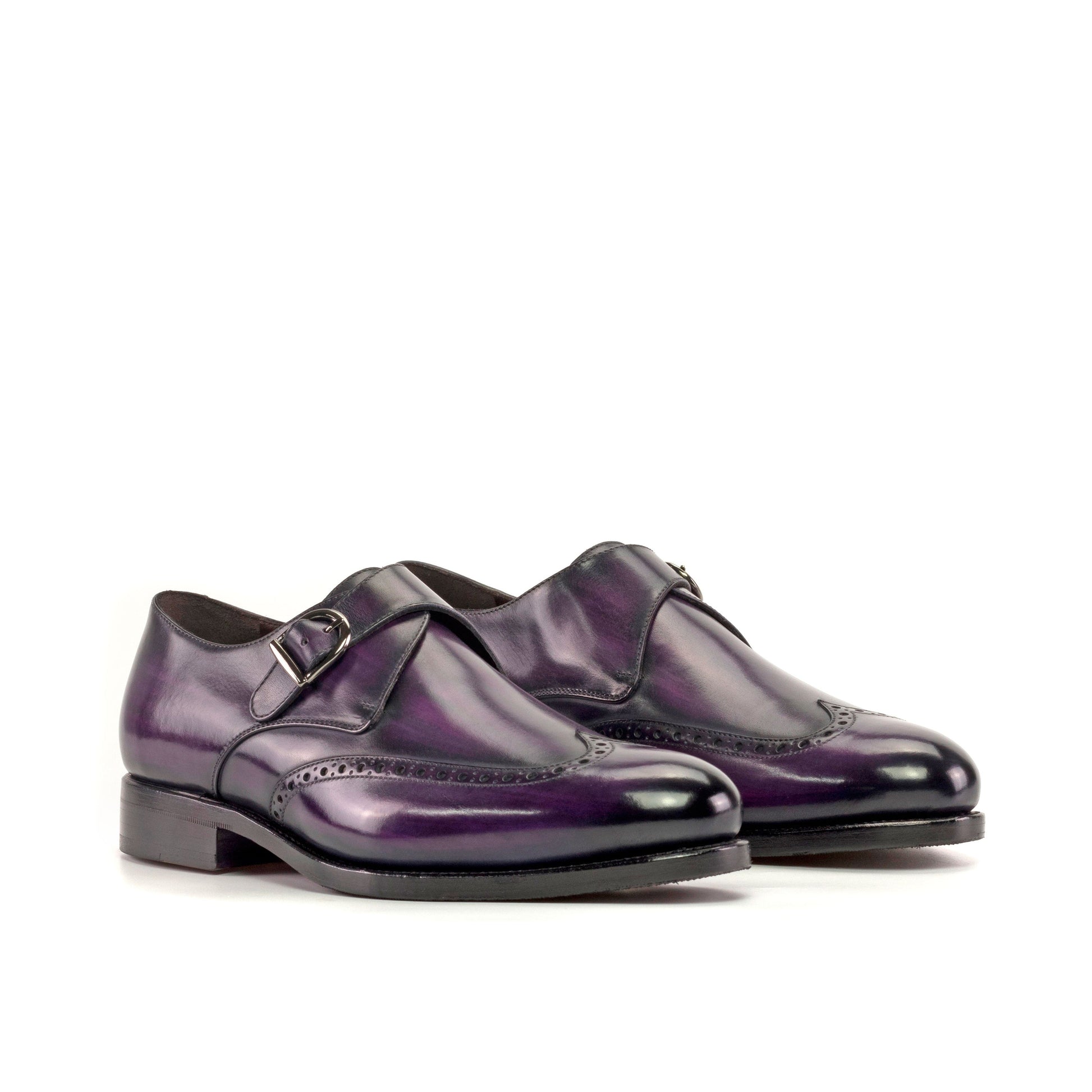 Single Monk Strap in Purple Patina Box Calf and Black Herringbone Fabric, front three-quarter view