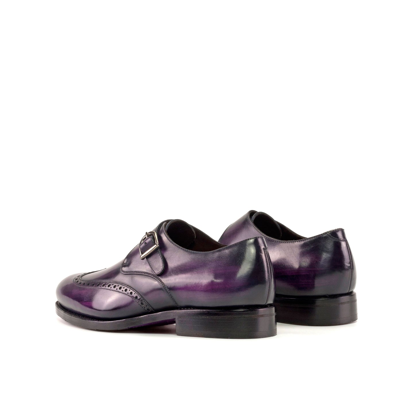 Single Monk Strap in Purple Patina Box Calf and Black Herringbone Fabric, rear three-quarter view