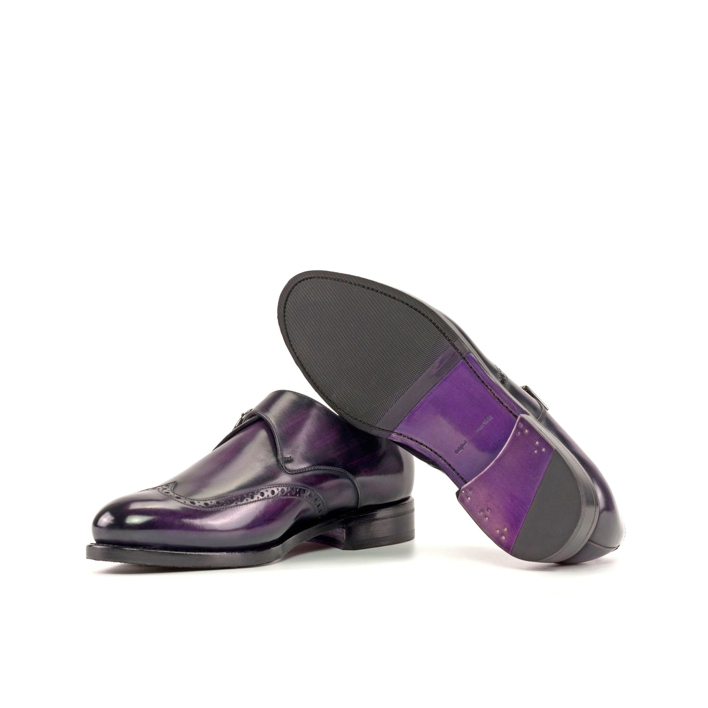 Single Monk Strap in Purple Patina Box Calf and Black Herringbone Fabric showing lilac leather sole