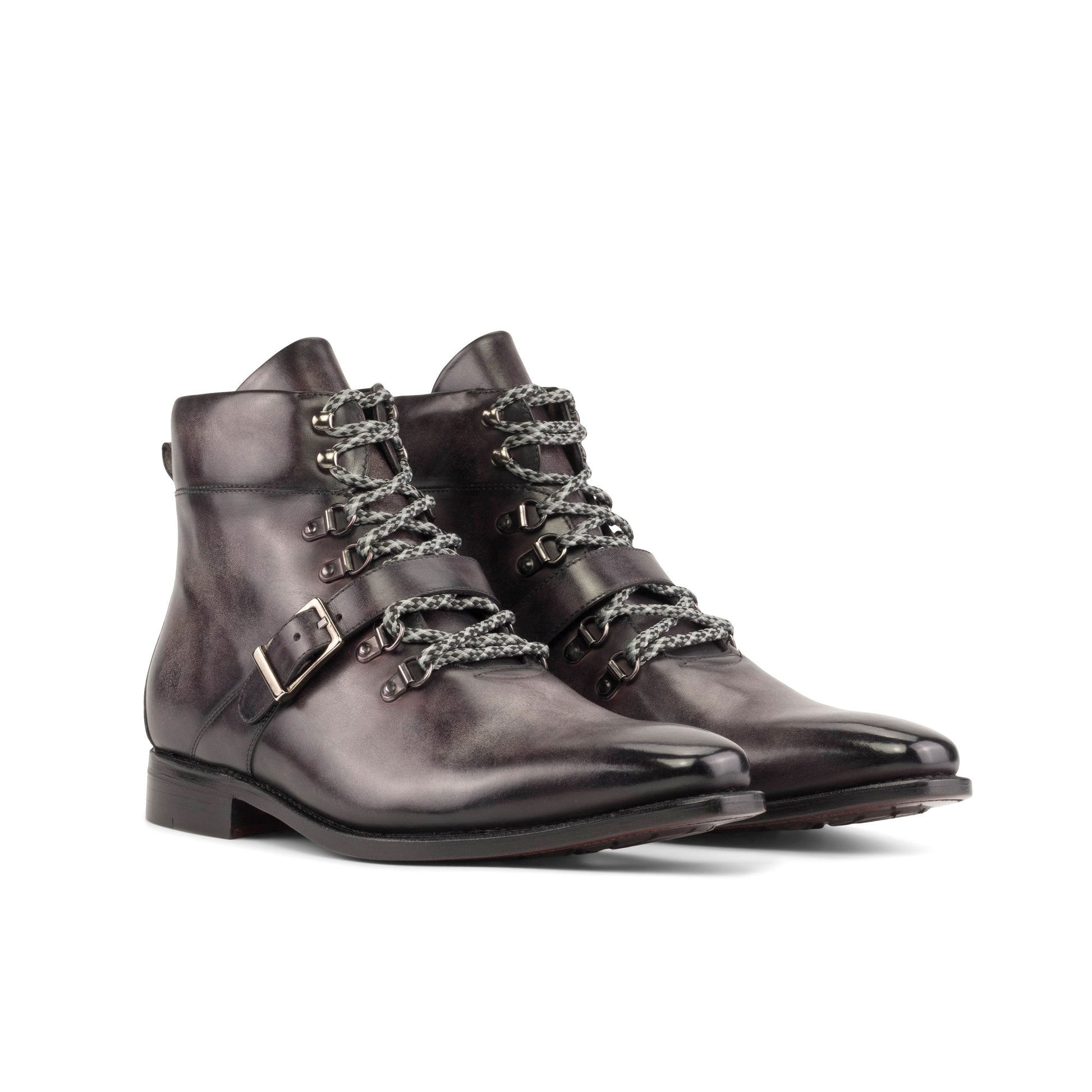 Hiking Boot in Aubergine Museum Patina Box Calf, front three-quarter view
