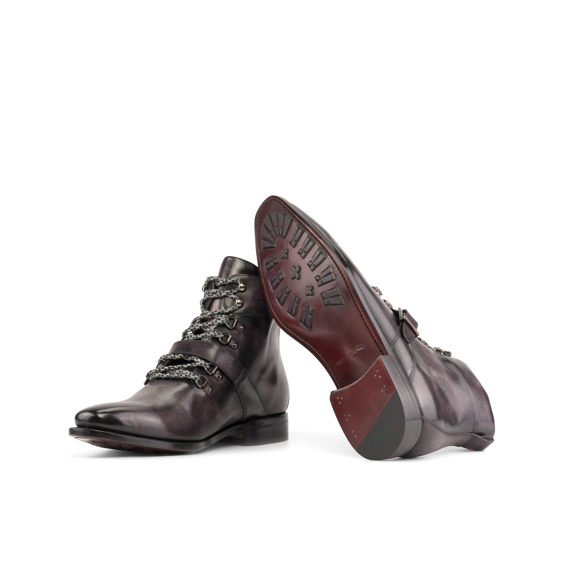 Hiking Boot in Aubergine Museum Patina Box Calf showing dark red leather sole
