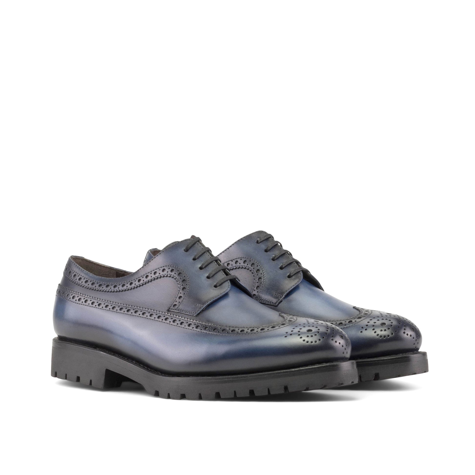 Long Wingtip Derby in Navy Painted Box Calf, front three-quarter view