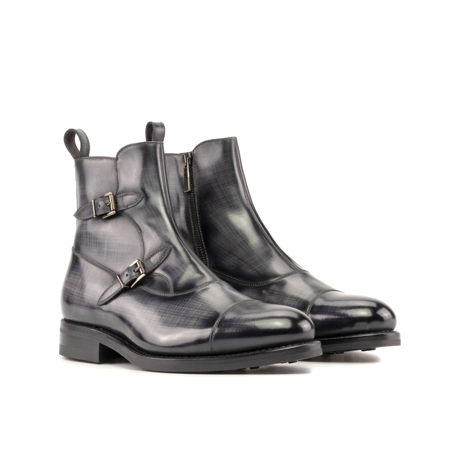 Double Buckle Boot in Grey Patina Box Calf, front three-quarter view