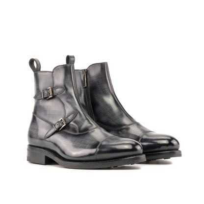 Double Buckle Boot in Grey Patina Box Calf, front three-quarter view