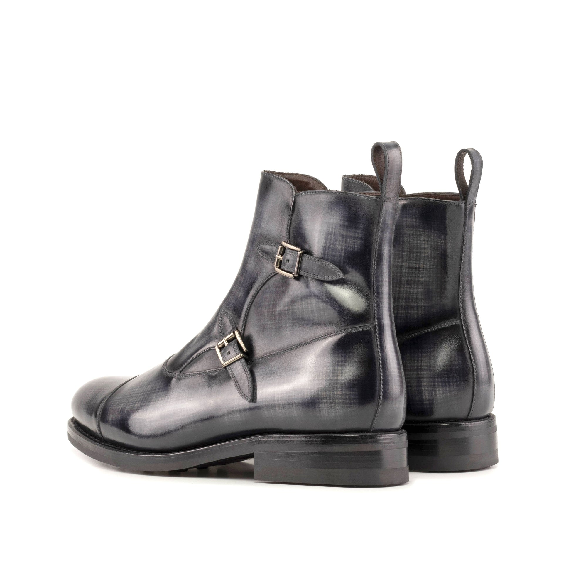 Double Buckle Boot in Grey Patina Box Calf, rear three-quarter view
