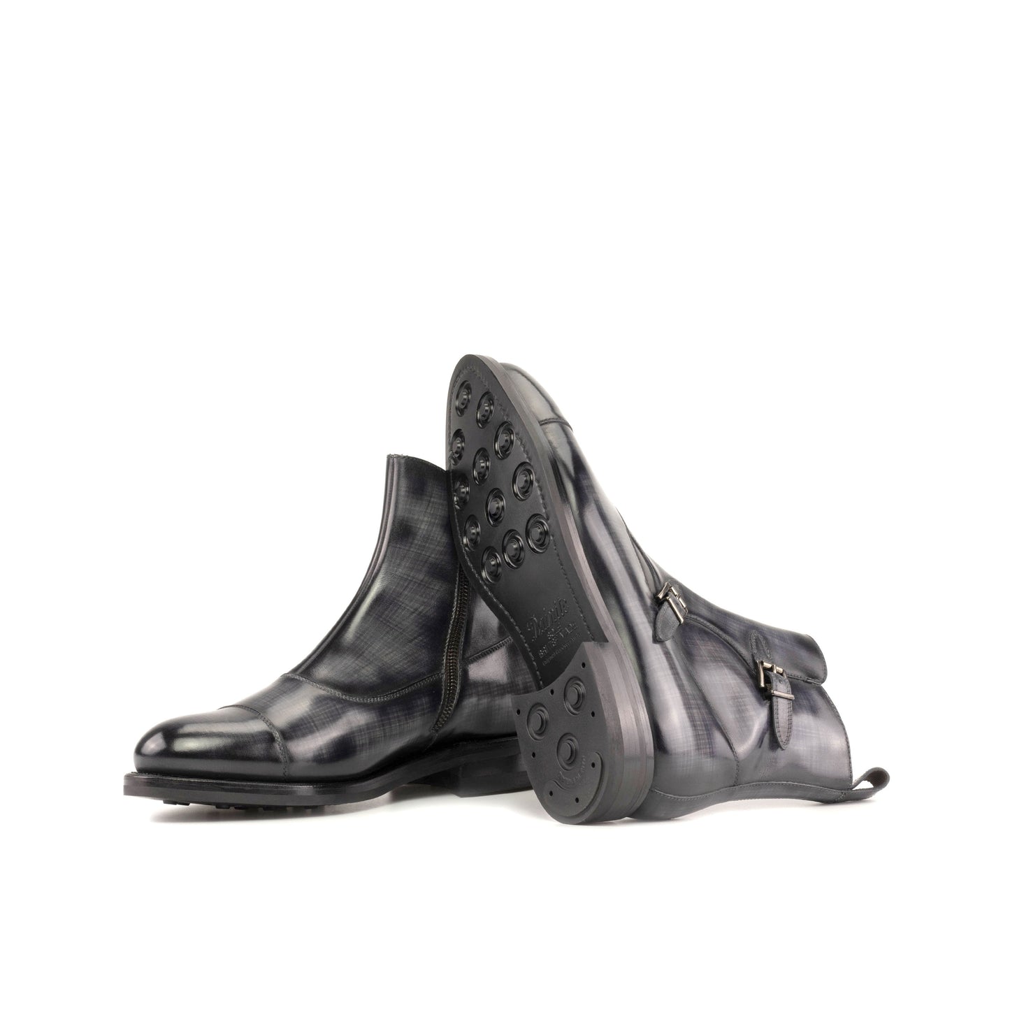 Double Buckle Boot in Grey Patina Box Calf showing black dainite rubber sole