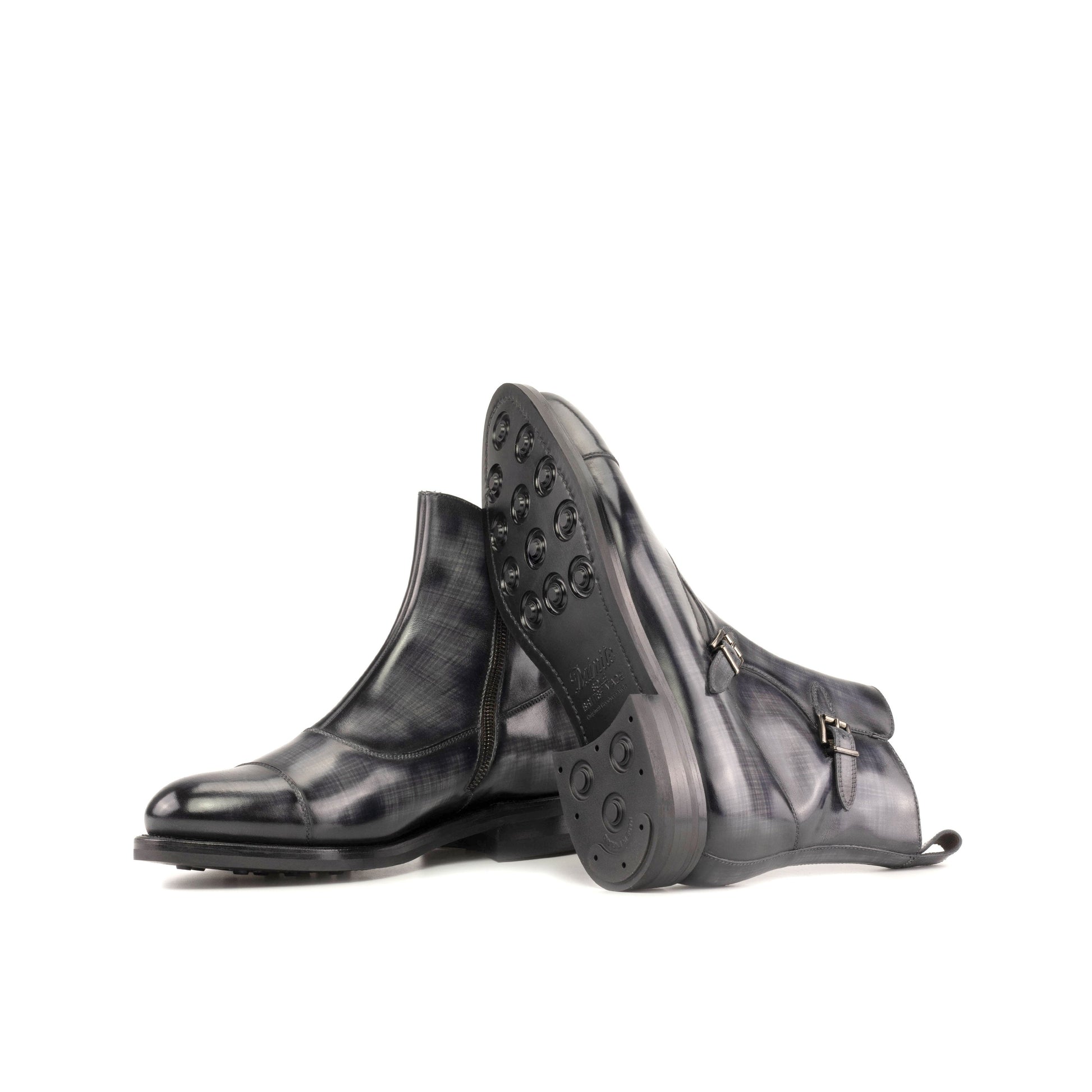 Double Buckle Boot in Grey Patina Box Calf showing black dainite rubber sole