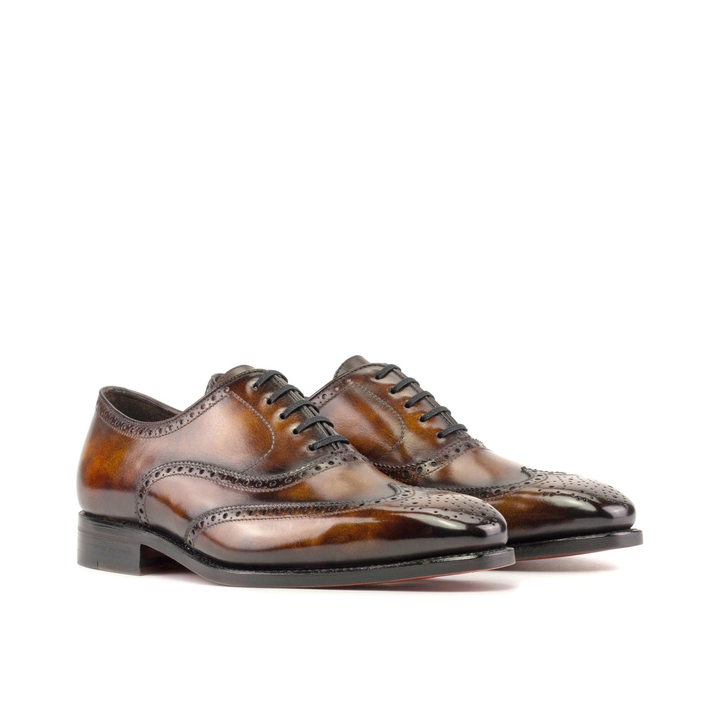 Wingtip Oxford in Fire Museum Patina Box Calf, front three-quarter view