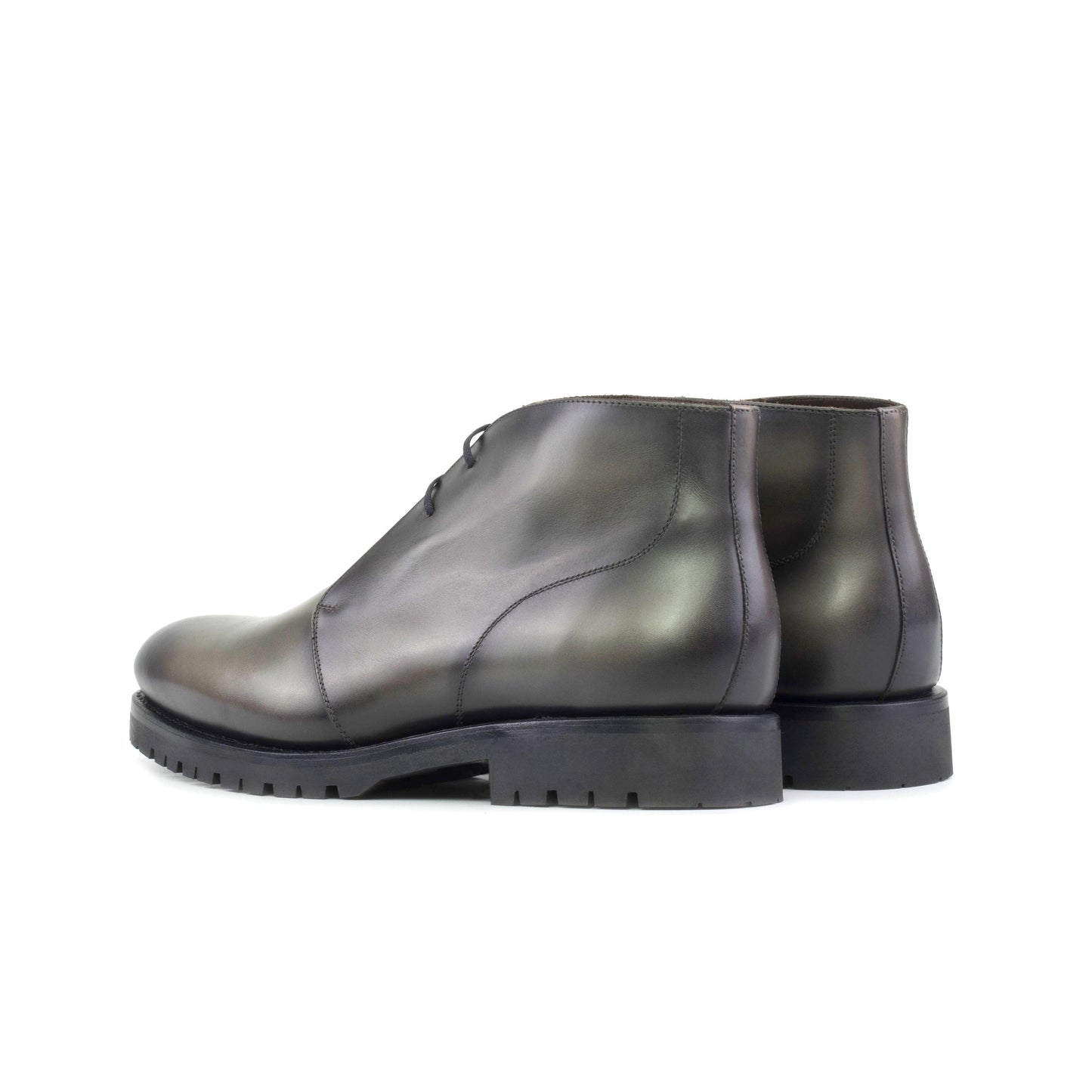 Burnished Grey Painted Box Calf Chukka boots, rear three-quarter view