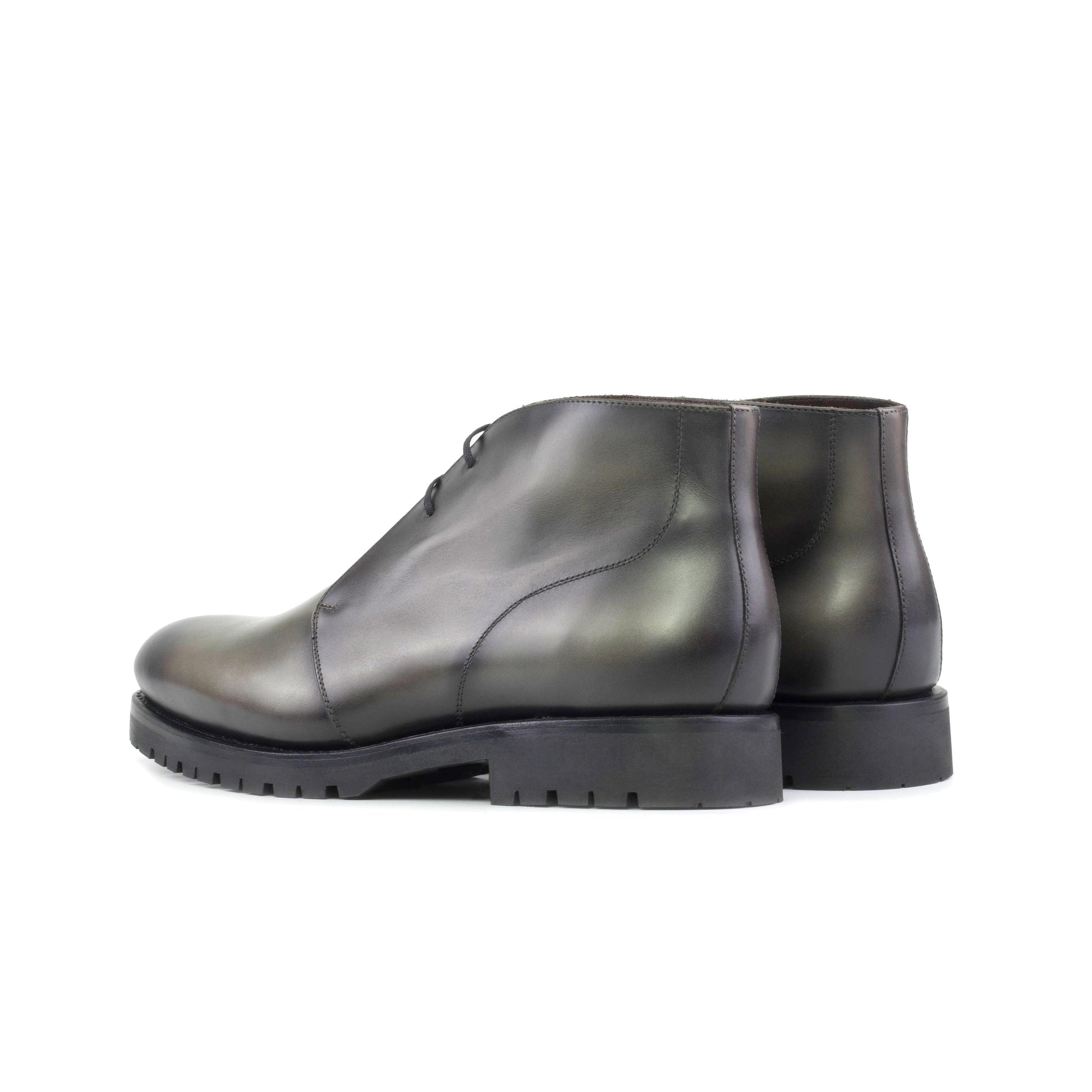 Burnished Grey Painted Box Calf Chukka boots, rear three-quarter view