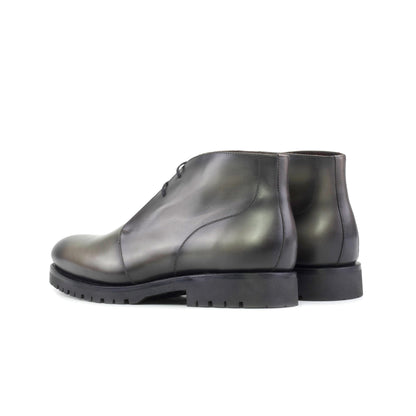 Burnished Grey Painted Box Calf Chukka boots, rear three-quarter view