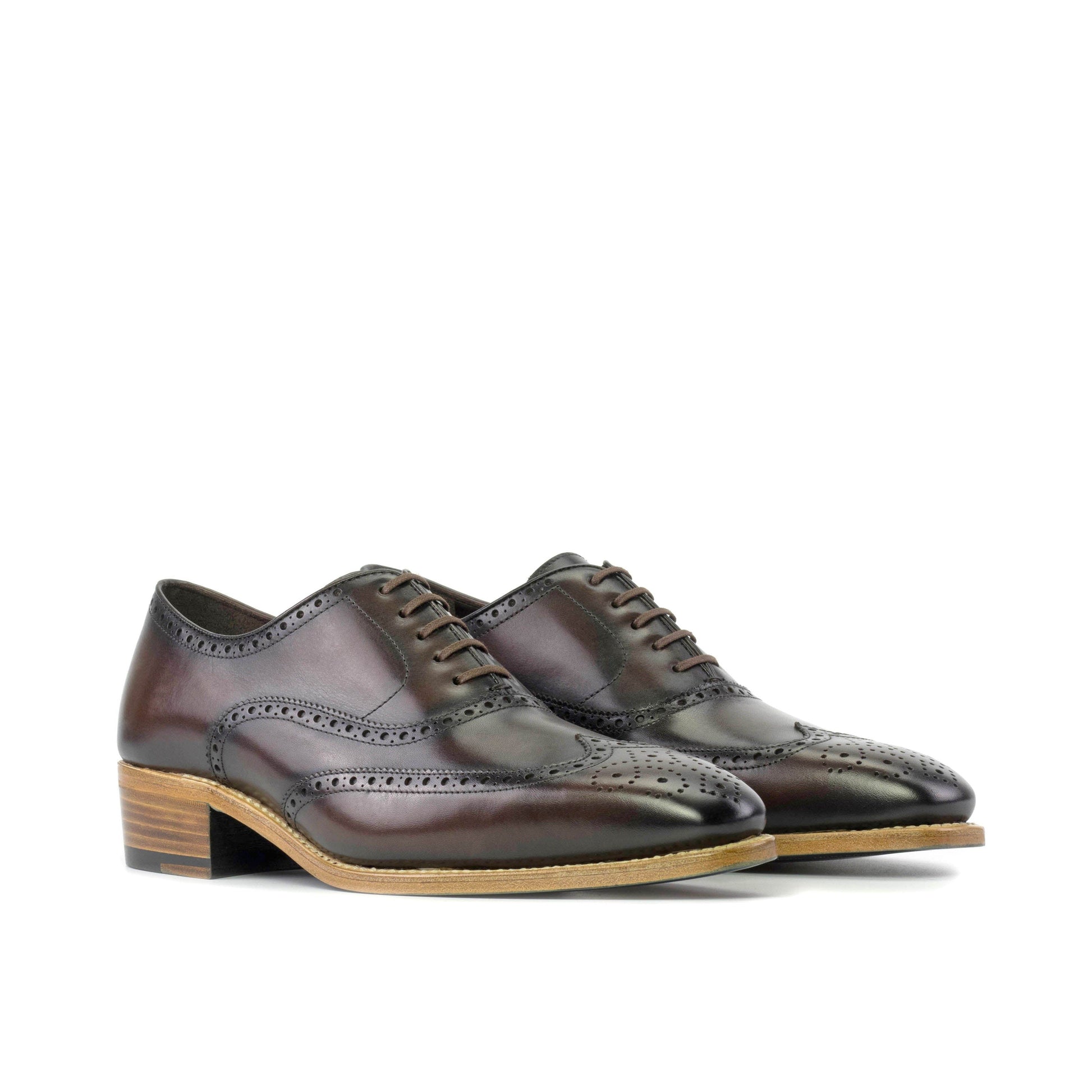 Wingtip Oxford in Burnished Dark Brown Box Calf, front three-quarter view