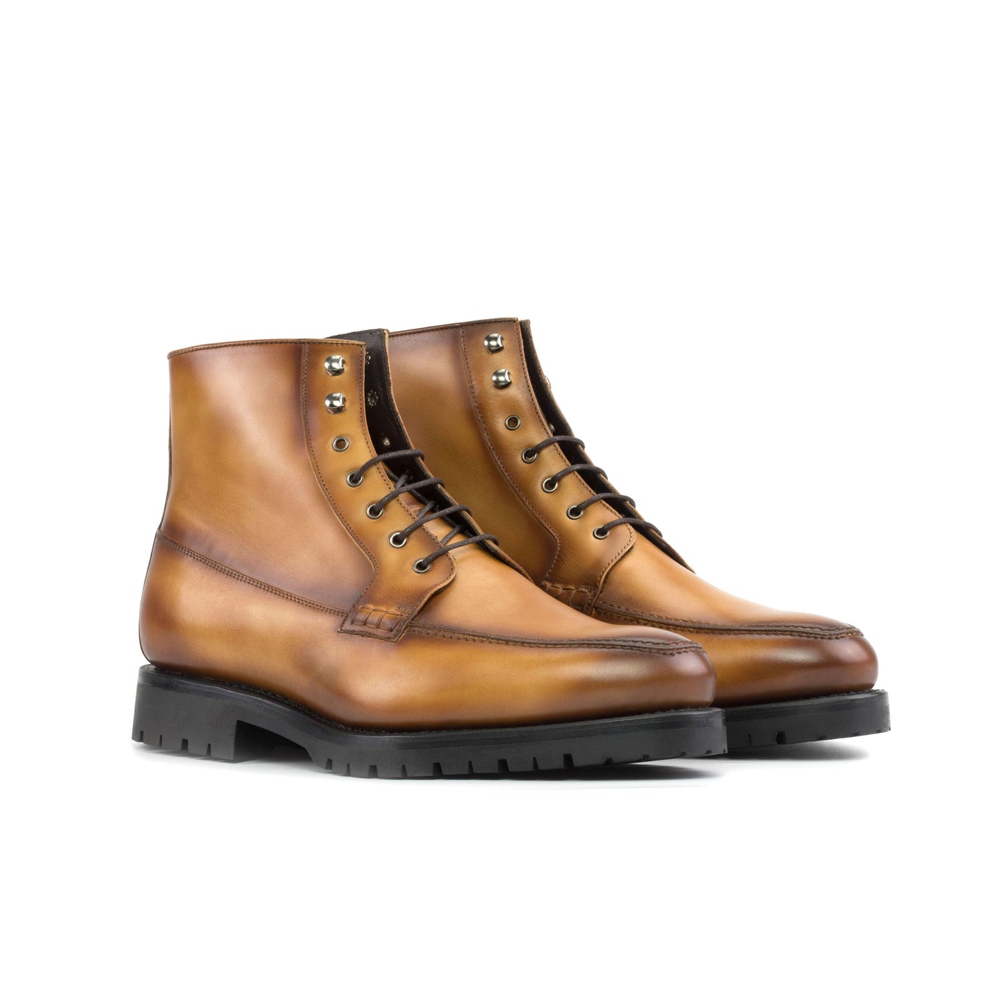 Moc Toe Boot in Cognac Painted Box Calf, front three-quarter view
