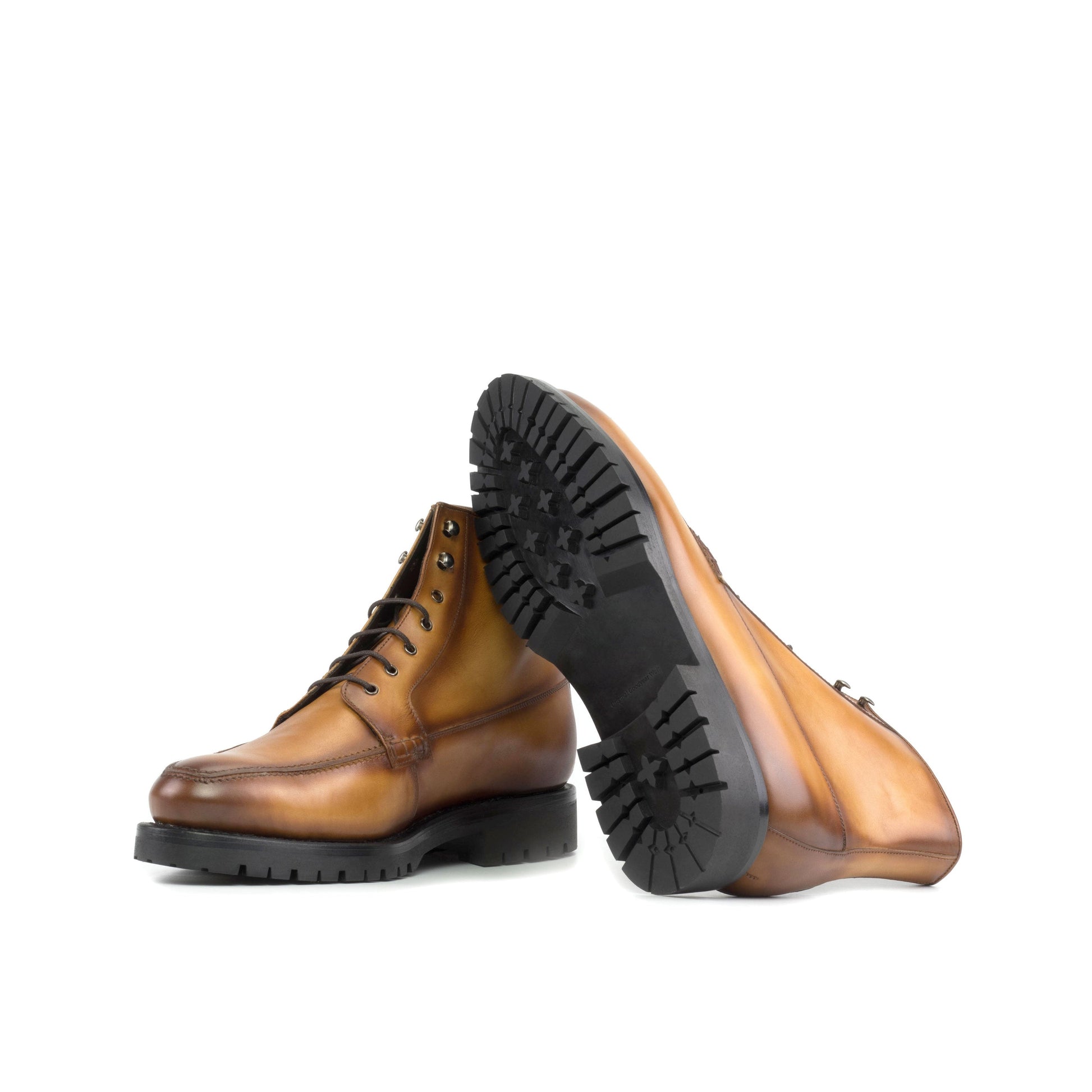 Moc Toe Boot in Cognac Painted Box Calf showing black commando rubber sole