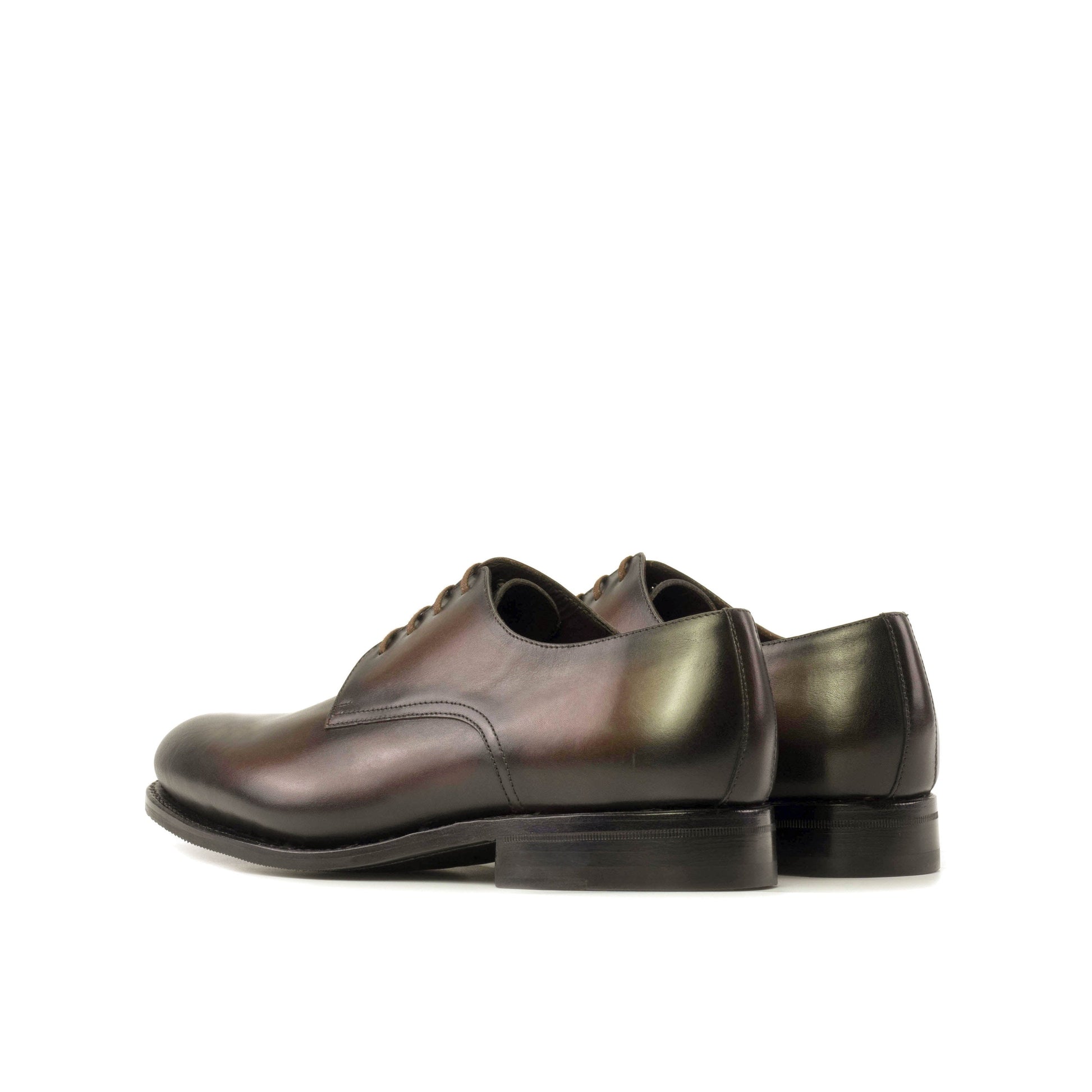 Derby in Burnished Dark Brown Box Calf, rear three-quarter view