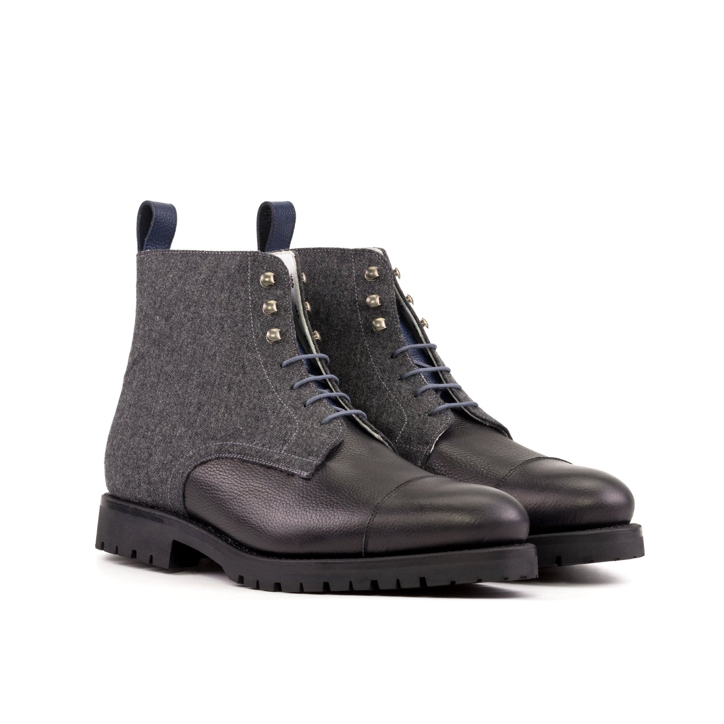 Jumper Boot in Dark Grey Flannel and Black Painted Full-Grain Box Calf, front three-quarter view