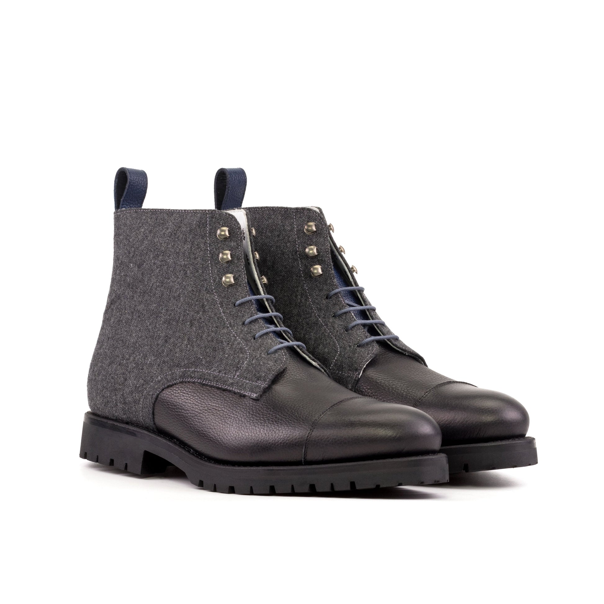 Jumper Boot in Dark Grey Flannel and Black Painted Full-Grain Box Calf, front three-quarter view