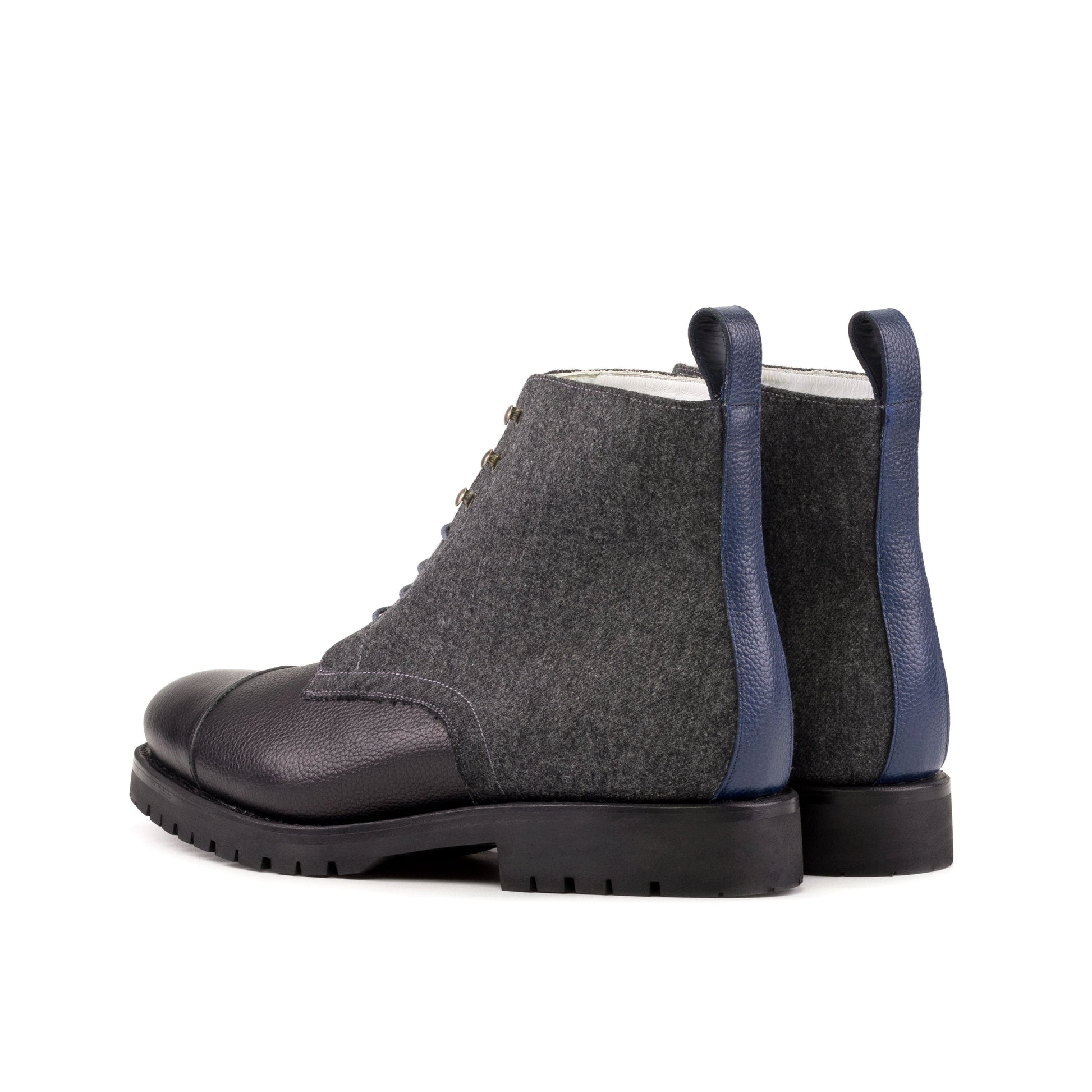 Jumper Boot in Dark Grey Flannel and Black Painted Full-Grain Box Calf, rear three-quarter view