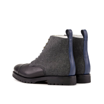 Jumper Boot in Dark Grey Flannel and Black Painted Full-Grain Box Calf, rear three-quarter view