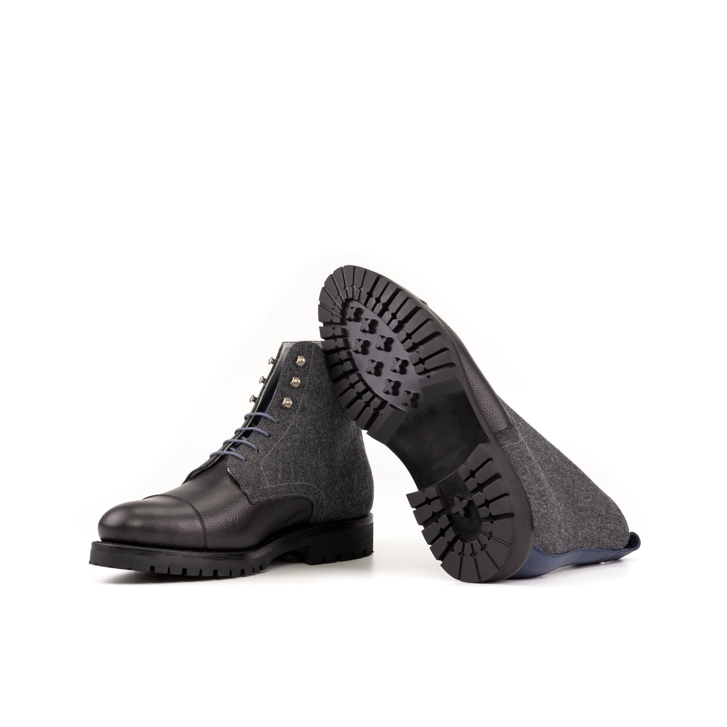 Jumper Boot in Dark Grey Flannel and Black Painted Full-Grain Box Calf showing black commando rubber sole