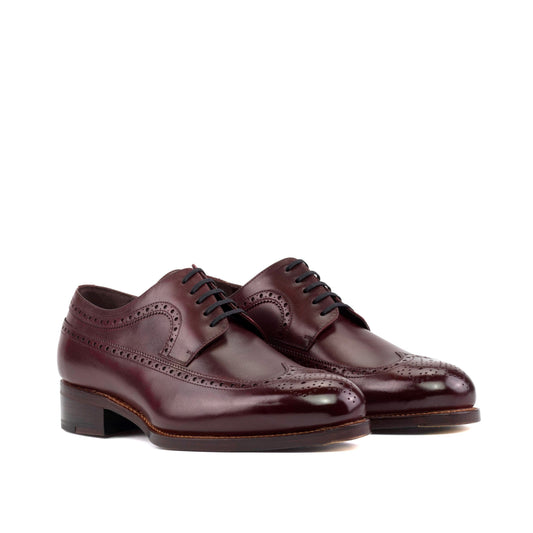 Long Wingtip Derby in Burgundy Box Calf, front three-quarter view
