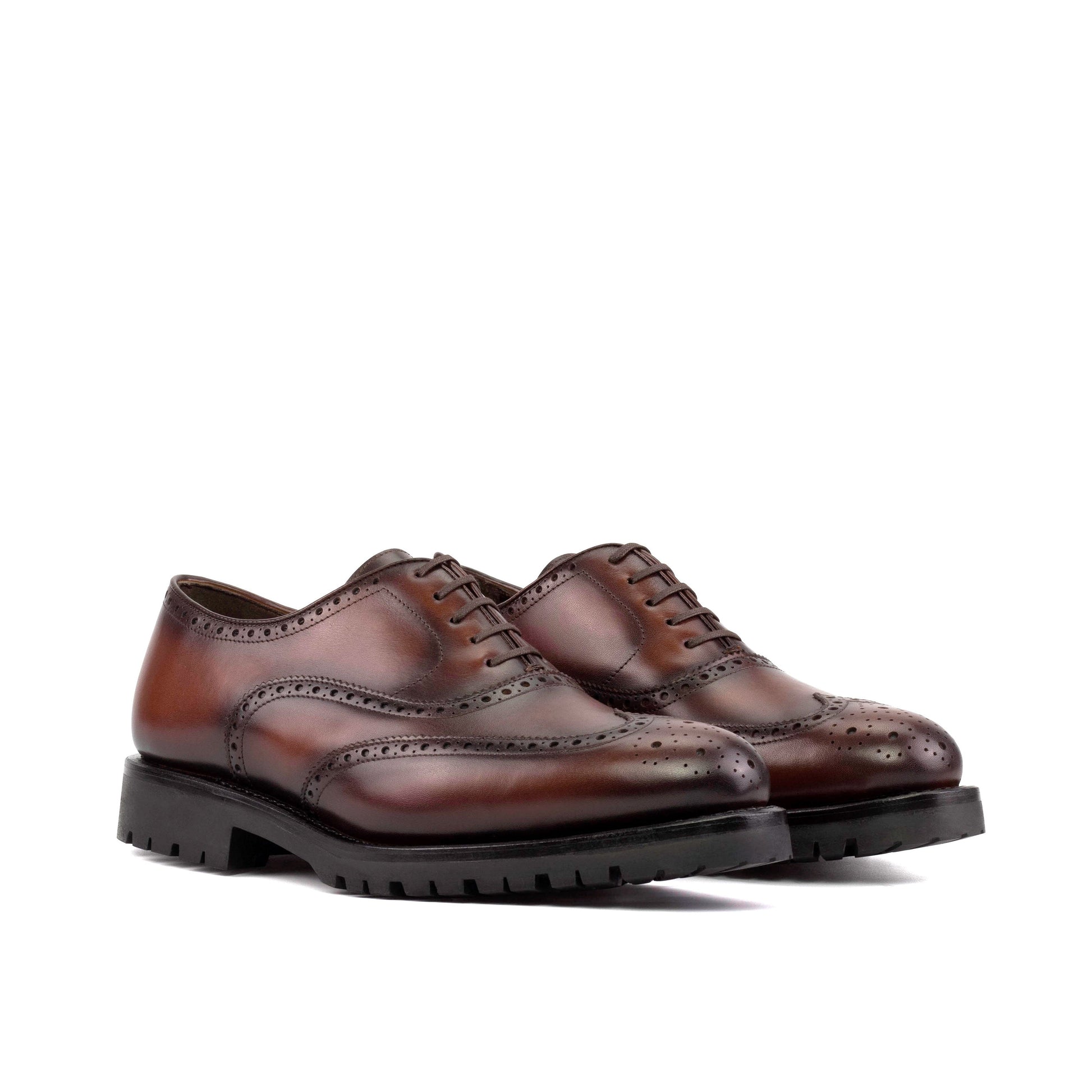 Wingtip Oxford in Burnished Dark Brown Box Calf, front three-quarter view