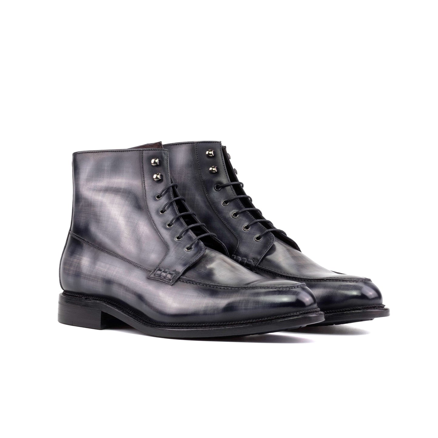 Moc Toe Boot in Grey Patina Box Calf, front three-quarter view