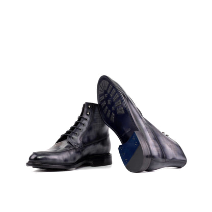 Moc Toe Boot in Grey Patina Box Calf showing ultramar leather sole with mountain rubber injections