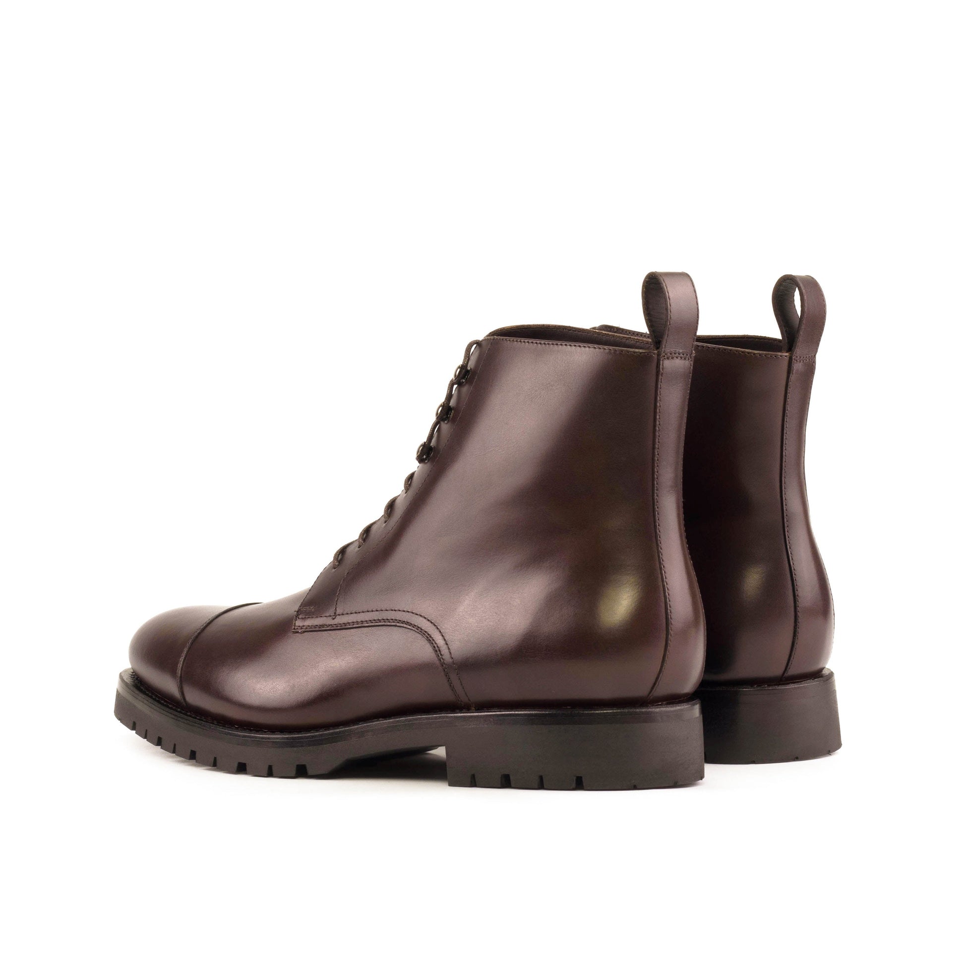 Jumper Boot in Dark Brown Box Calf, rear three-quarter view