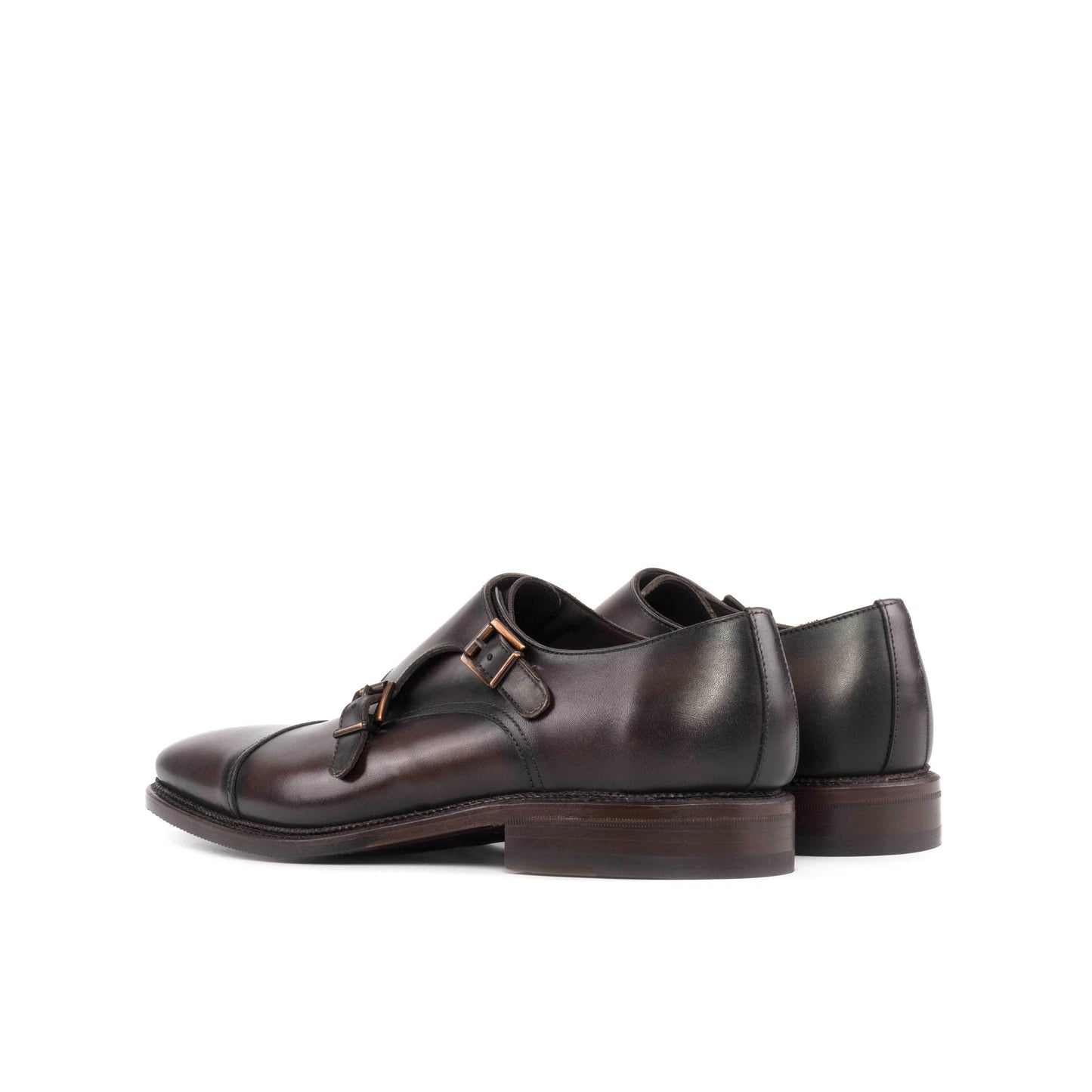 Double Monk Strap in Dark Brown Painted Box Calf, rear three-quarter view