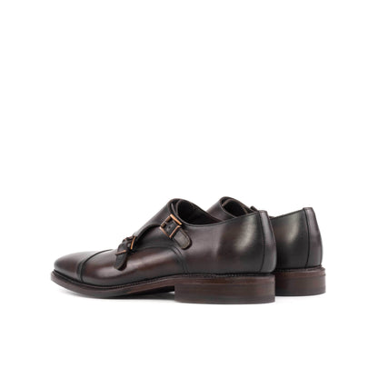 Double Monk Strap in Dark Brown Painted Box Calf, rear three-quarter view