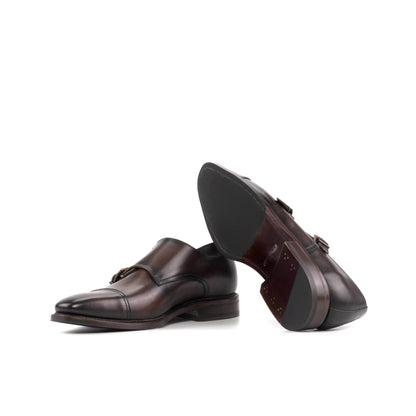 Double Monk Strap in Dark Brown Painted Box Calf showing brown leather and rubber combination sole