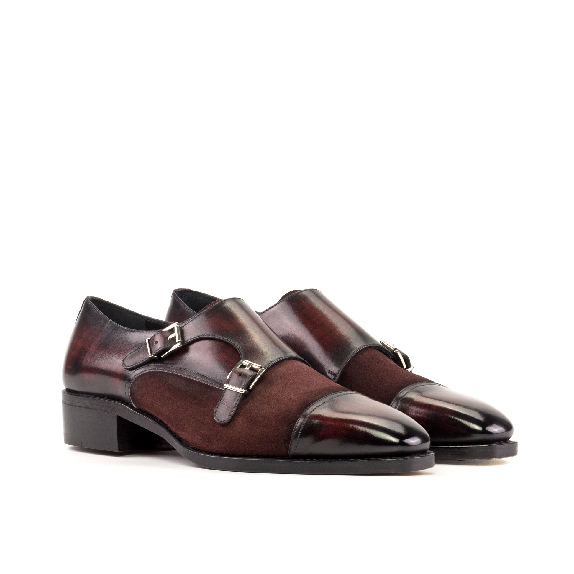 Double Monk Strap in Burgundy Patina Box Calf and Burgundy Lux Suede, front three-quarter view