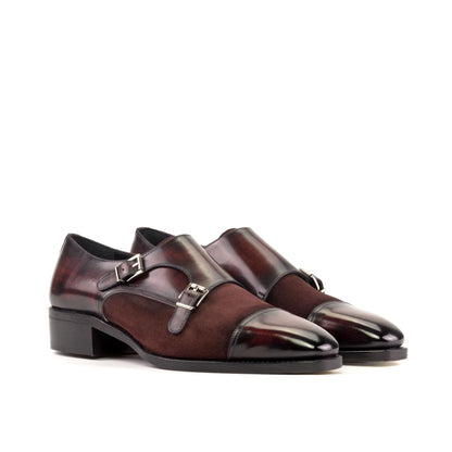 Double Monk Strap in Burgundy Patina Box Calf and Burgundy Lux Suede, front three-quarter view