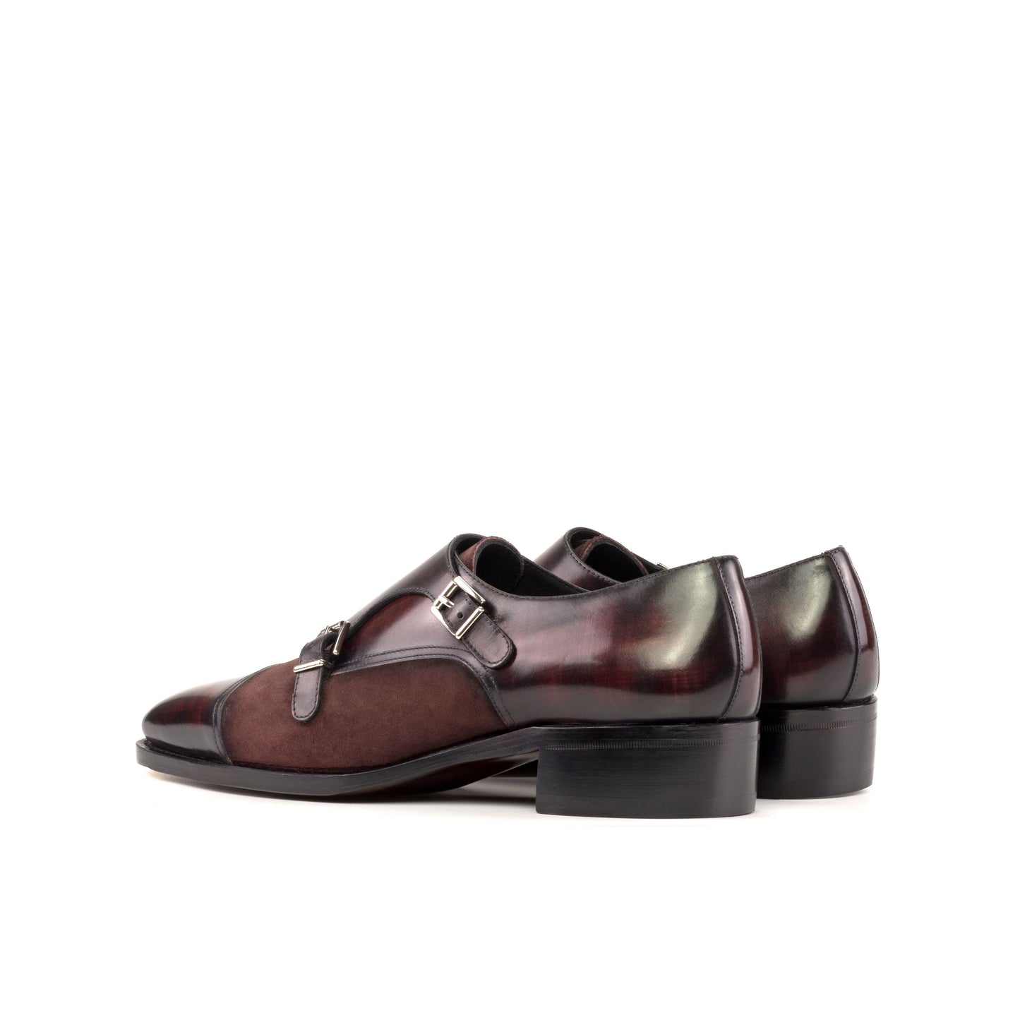 Double Monk Strap in Burgundy Patina Box Calf and Burgundy Lux Suede, rear three-quarter view