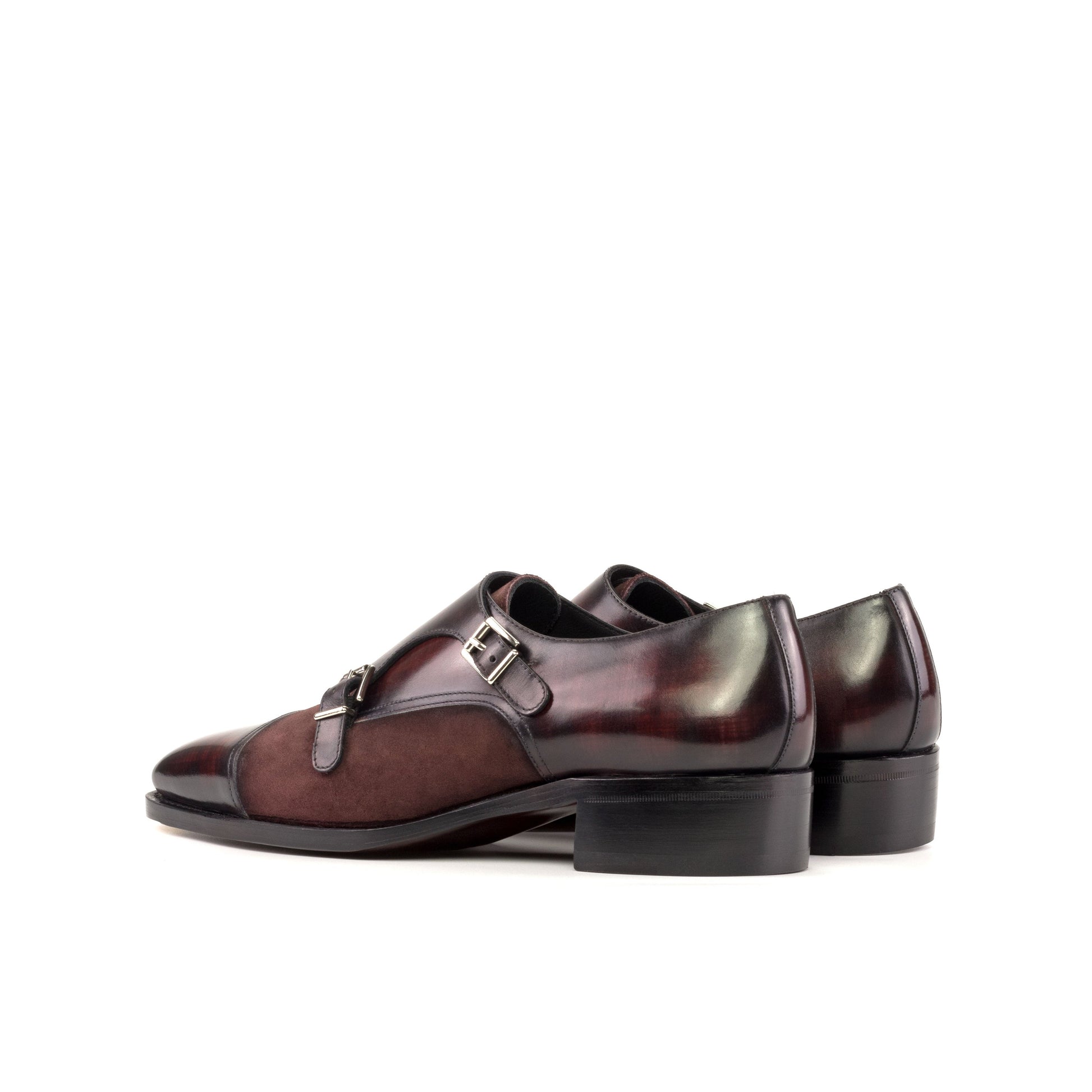 Double Monk Strap in Burgundy Patina Box Calf and Burgundy Lux Suede, rear three-quarter view