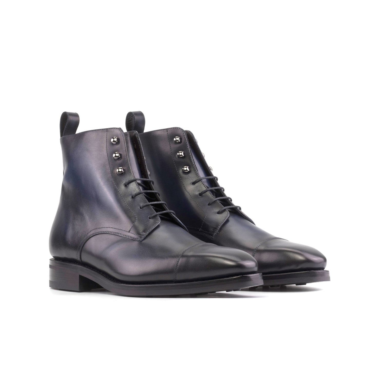 Jumper Boot in Burnished Navy Box Calf, front three-quarter view