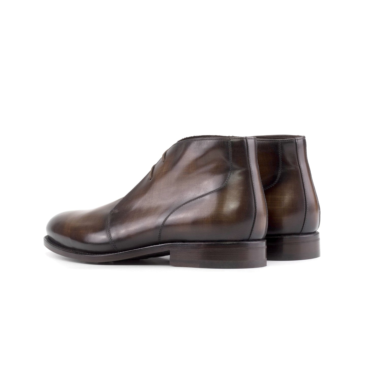 Brown patina box calf Chukka boots, rear three-quarter view
