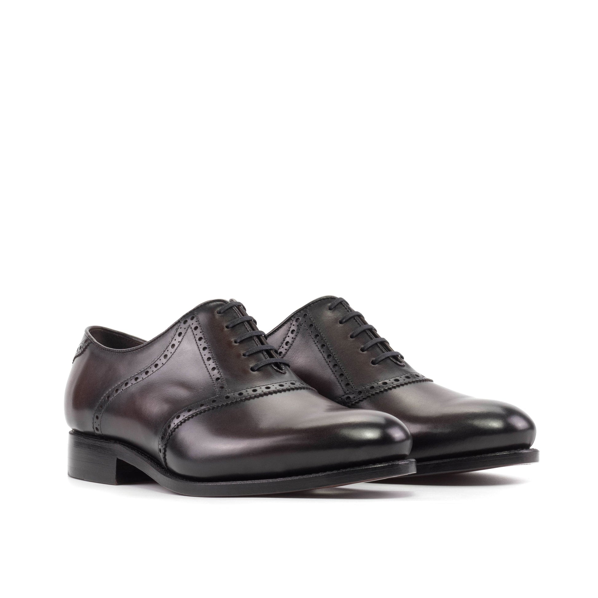Saddle Shoe in Burnished Dark Brown Box Calf, front three-quarter view